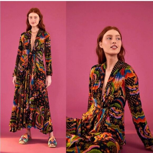 FARM RIO Macaw Island Printed Maxi Dress Tropical Vacation XS Black - Picture 5 of 16